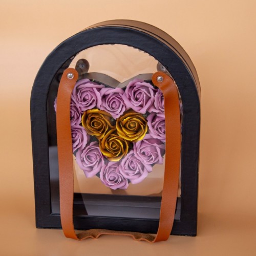 Heart Box με Μοβ & Χρυσά Τριαντάφυλλα σε Πολυτελή Κασετίνα
