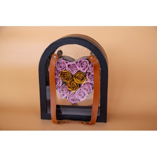 Heart Box με Μοβ & Χρυσά Τριαντάφυλλα σε Πολυτελή Κασετίνα